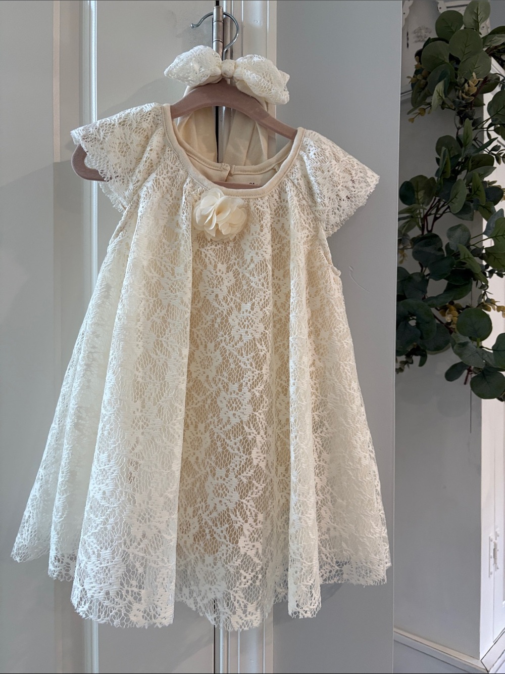 Baby Starters Cream Lace Flower Dress with Bow
